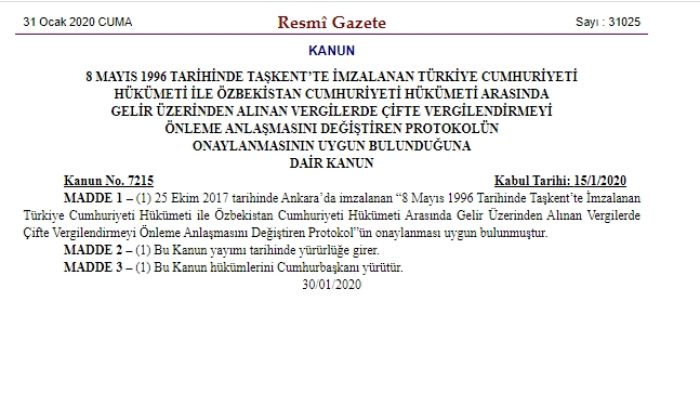 Özbekistan Çifte Vergilendirmeyi Önleme Anlaşmasını Değiştiren Protokol