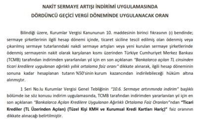 Nakit Sermaye Artışı İndirimi Uygulamasında Dördüncü Geçici Vergi Döneminde Uygulanacak Oran