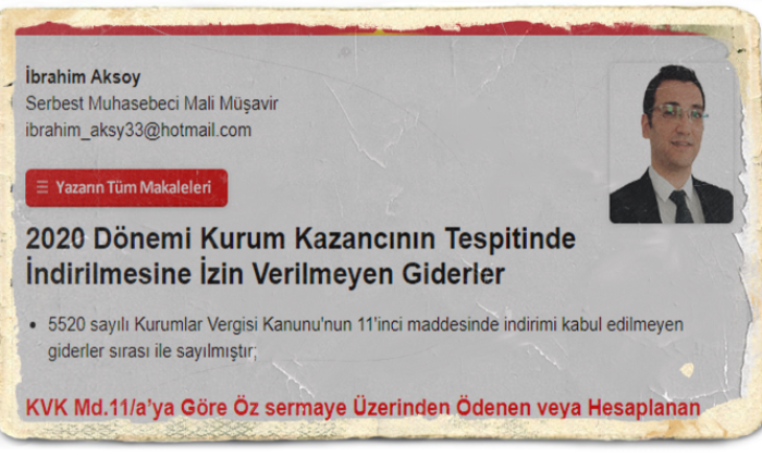 2020 Dönemi Kurum Kazancının Tespitinde İndirilmesine İzin Verilmeyen Giderler