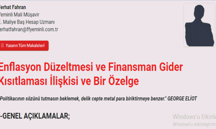 Enflasyon Düzeltmesi ve Finansman Gider Kısıtlaması İlişkisi ve Bir Özelge